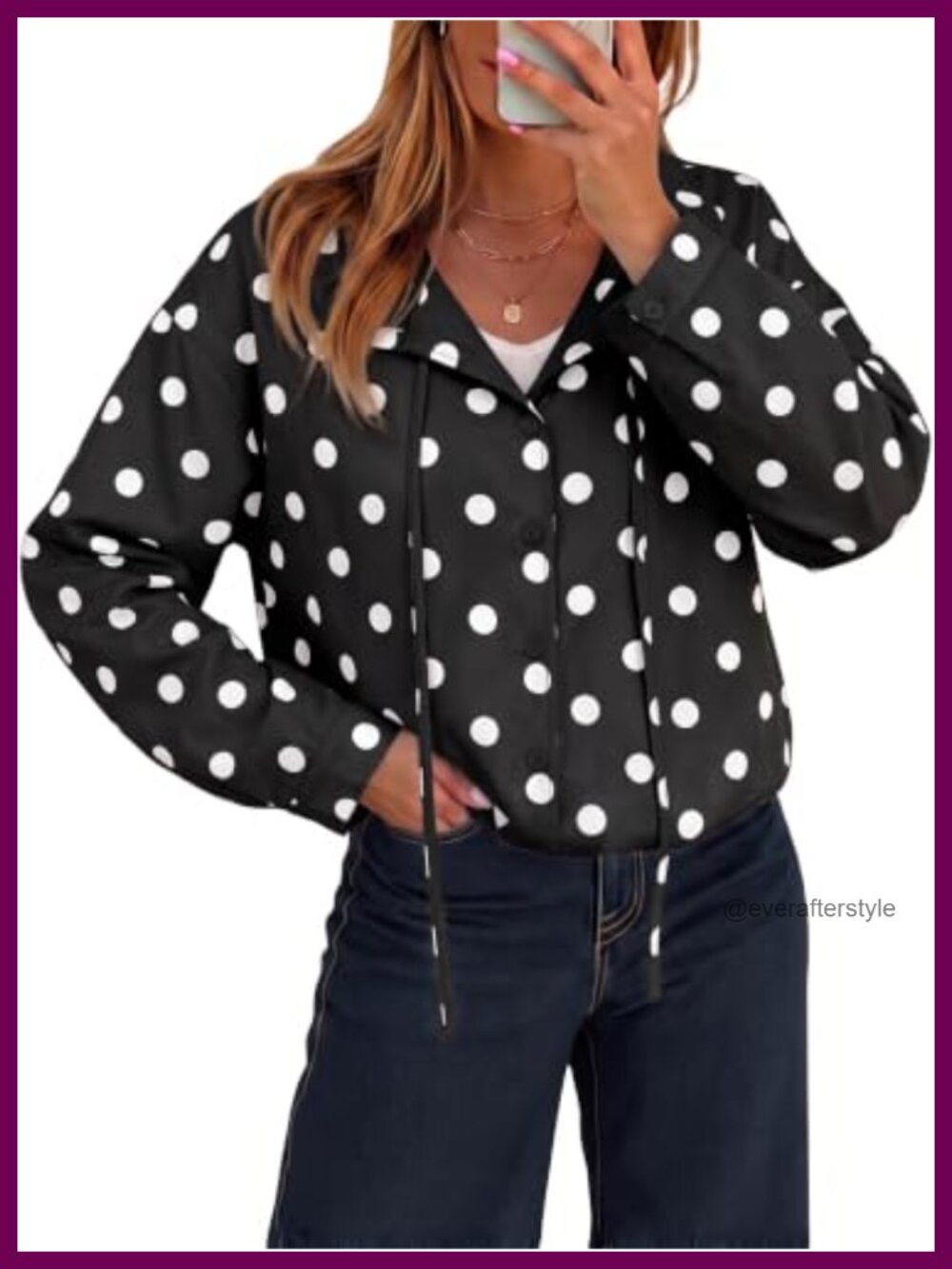 Womens Polka Dot Funnel Neck Drawstring Button Down Cropped Jacket